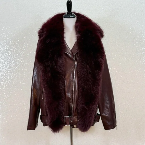 Azalea Wang Aurelia Faux Leather Moto Jacket XL Burgundy Faux Fur Collar NWT - Picture 12 of 16